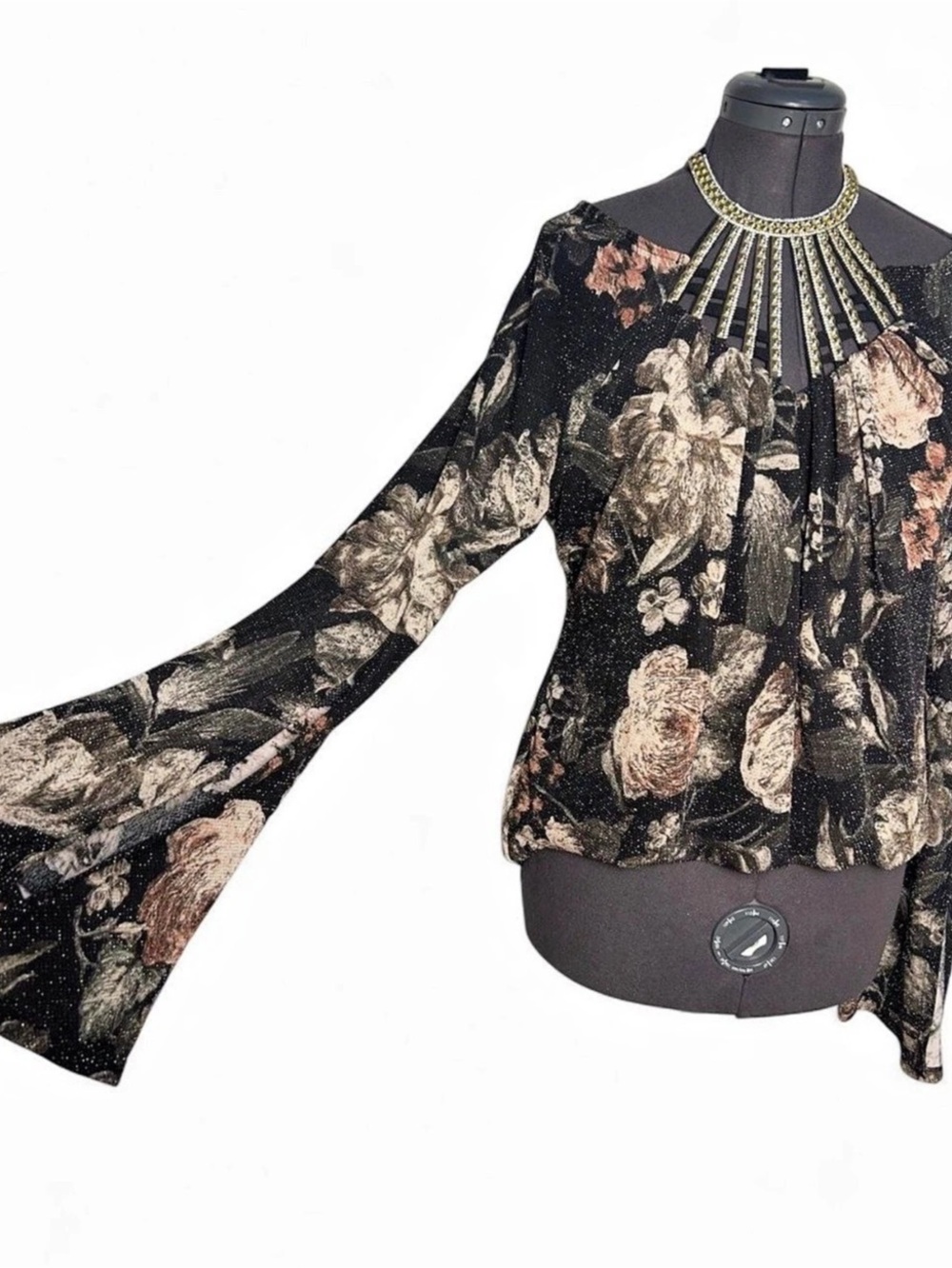 VENUS Floral Embellished metallic blouse cage neck bell sleeve top whimsigoth XL